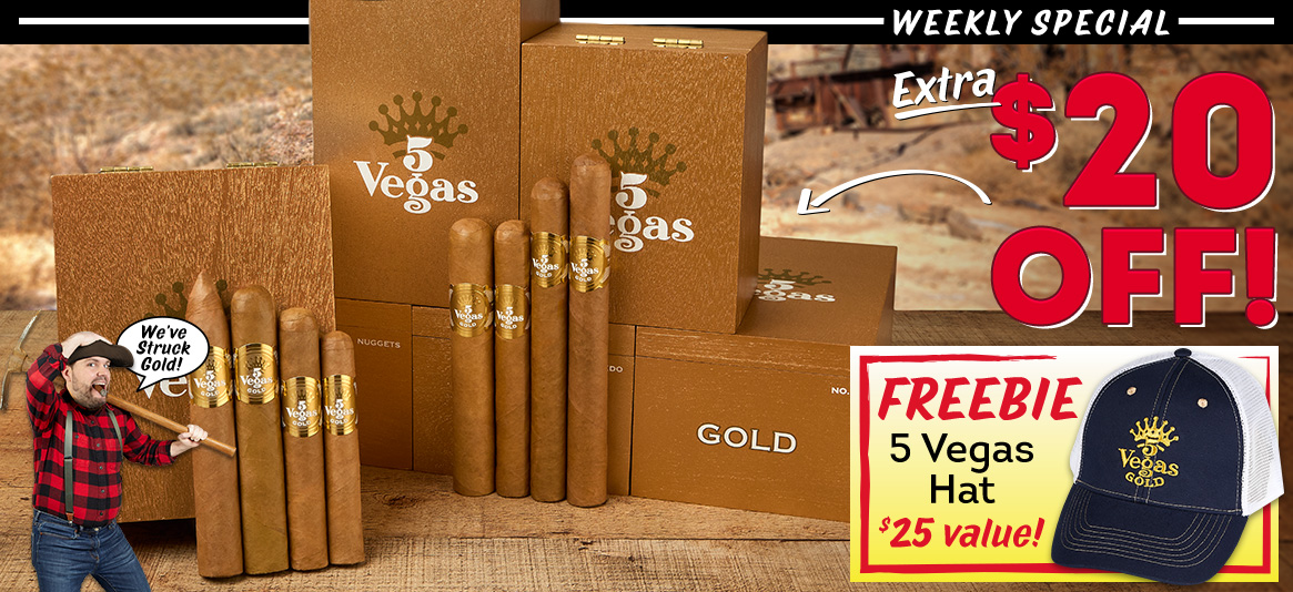 SCORE an extra $20 OFF 5 Vegas Gold boxes + get a 5 Vegas Hat FREE!