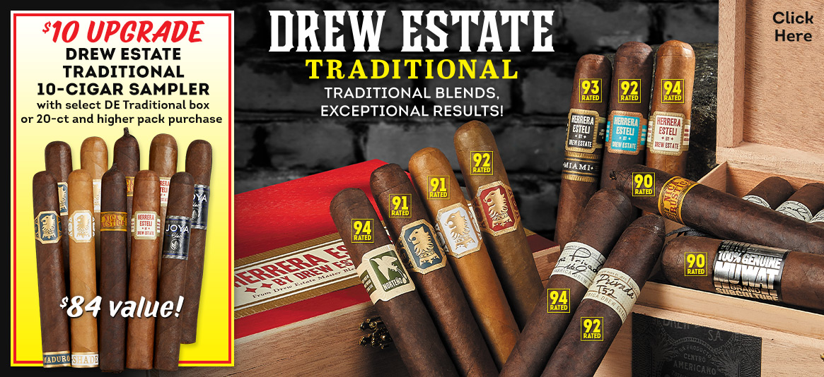 For a limited time only, pick up a Drew Estate Traditional 10-cigar sampler for just $20 with select DE box purchases!!