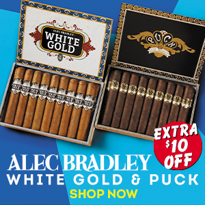 For a limited time only, get an extra $10 off Alec Bradley White Gold & Puck box purchases!
